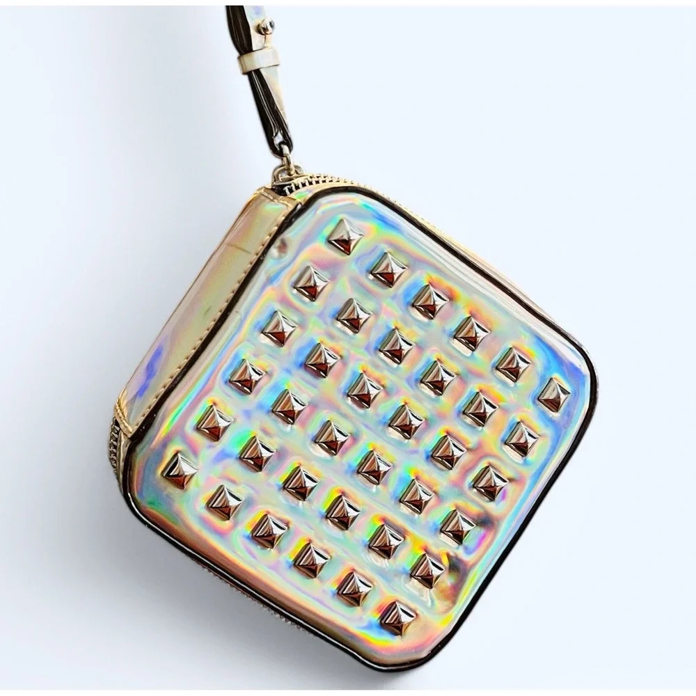 Rebecca Minkoff Iridescent Metallic Foil Square Wristlet Bag Clutch Silver Studs